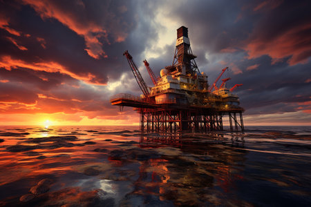 Panorama Offshore Jack Up Rig in The Middle of The Sea at Sunset. Generative ai.の素材