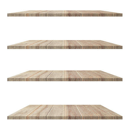 4 old wood shelf table isolated on white background and display montage for product.の写真素材