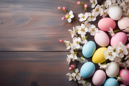 top view easter egg with cherry blossom on wooden background, copy space, generative Al.の素材