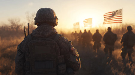 A soldier in uniform observes the sunrise with American flags waving, surrounded by fellow soldiers in the field.の素材