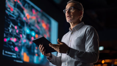 A professional presenting data insights with a tablet, illuminated by a futuristic screen displaying analytics.の素材
