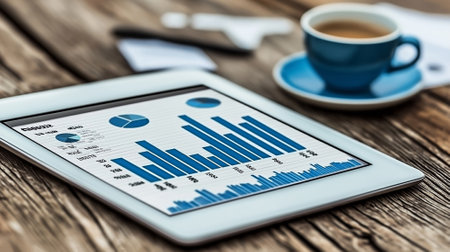 Digital tablet displaying analytics and graphs on a wooden table with a cup of coffee, perfect for business planning.の素材