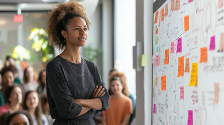 A confident speaker presenting ideas on a whiteboard covered with colorful sticky notes, engaging an attentive audience.の素材