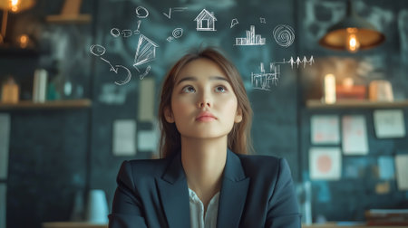 A young woman in a business suit visualizes abstract ideas, with creative sketches of houses and graphs above her head.の素材