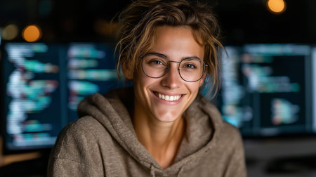 Smiling female programmer wearing glasses and hoodie, sitting in front of multiple monitors displaying code in a dimly lit workspace.の素材