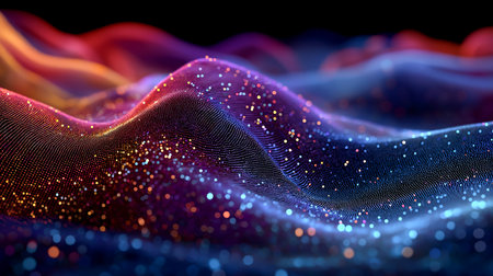 Abstract digital landscape of flowing waves made of colorful dots and glowing particles, resembling a futuristic data terrain under a dark background.の素材