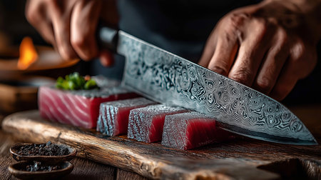 Chef slicing raw tuna with a Damascus steel knife on a wooden board. The precision and texture reflect traditional Japanese culinary craftsmanship.の素材