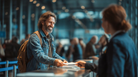 A cheerful man hands his documents to an airport staff at check-in, ready for his journey. The background shows a busy, modern terminal.の素材