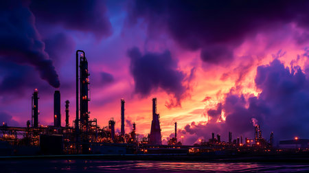A dramatic view of an industrial refinery silhouetted against a vibrant sunset sky, with smoke stacks and glowing lights under colorful clouds.の素材