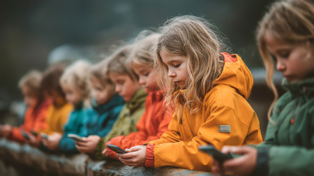 Children in colorful jackets lined up outdoors, each focused on their smartphone, symbolizing modern childhood and digital immersion.の素材