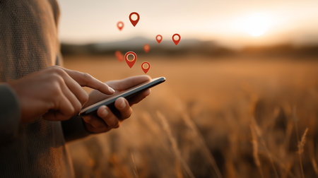 Close-up of hands using a smartphone with floating location pin icons, symbolizing GPS navigation, location tracking, and digital mapping outdoors.の素材