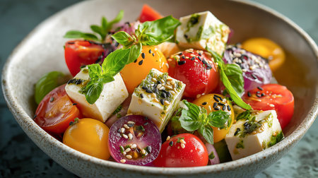 Colorful fresh salad with cherry tomatoes, red onions, marinated feta cheese, basil leaves, and sesame seeds served in a rustic bowl on a textured surface.の素材