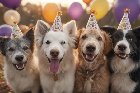 Four happy dogs wearing colorful party hats smile together at a festive celebration, surrounded by balloons and warm golden light, creating a joyful scene.の素材