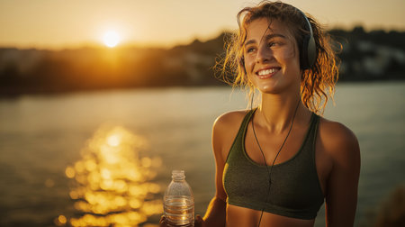 A smiling woman enjoys a post-workout moment by the water at sunset, wearing headphones and holding a water bottle as warm golden light reflects across the scene.の素材