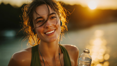 A smiling woman after a workout enjoys the golden sunset by the water, sweat glistening on her skin as she holds a water bottle and listens to music with earbuds.の素材