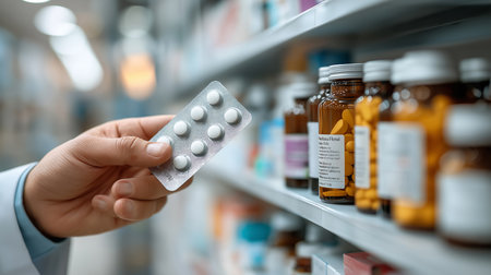 A hand holds a blister pack of white tablets in a pharmacy aisle, surrounded by medicine bottles, highlighting healthcare, treatment choice, and medication safety.の素材