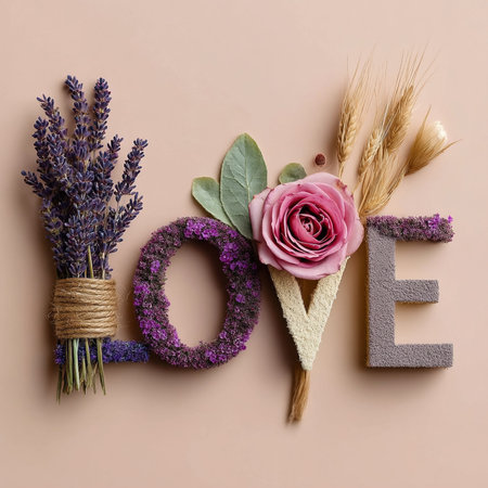 A creative floral âLOVEâ arrangement crafted with lavender, dried wheat, textured letters, and a pink rose, forming a romantic and elegant decorative design.の素材