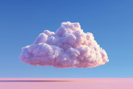 A fluffy pastel pink cloud floats gently above a minimal horizon, glowing softly against a clear blue sky, creating a dreamy surreal landscape atmosphere.の素材