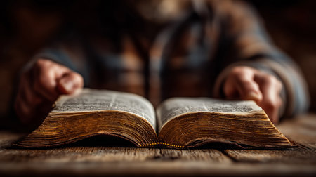 An old, weathered book opened on a wooden table, its golden-edged pages glowing warmly as a pair of hands gently holds it, evoking history, wisdom, and timeless stories.の素材
