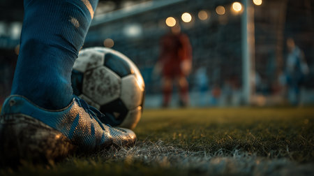 Close-up of a footballerâs muddy boot beside a worn soccer ball on the field, with the goalkeeper blurred in the background, capturing intense game-day tension.の素材