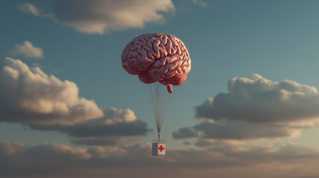 A human brain floating like a balloon in the sky carries a medical supply box with a red cross, creating a surreal scene symbolizing healing, intelligence, and hope.の素材