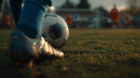 A close-up of a soccer player preparing to kick a worn football on a grassy field, captured at sunset with dramatic focus and blurred players in the background.の素材