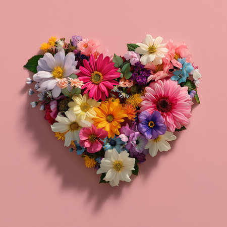 A vibrant heart-shaped arrangement of colorful blossoms on a soft pink background, creating a cheerful and romantic floral design full of texture and detail.の素材