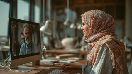 A woman wearing a patterned hijab engages in a video call with a colleague on her computer, working in a warm, modern office filled with natural light and focus.の素材