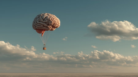 A floating human brain shaped like a hot air balloon drifts peacefully across a calm sky above the ocean, creating a surreal and imaginative dreamlike scene.の素材