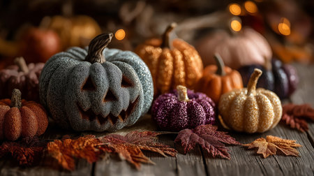 A festive Halloween scene featuring a textured jack-oâ-lantern surrounded by colorful decorative pumpkins and autumn leaves, glowing warmly in soft bokeh light.の素材
