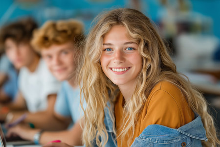 A smiling teenage girl with blonde curly hair and bright blue eyes sits in a classroom, working on a laptop. The warm, cheerful atmosphere highlights student life.の素材