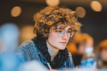 A focused young student with curly hair and round glasses works attentively in a bright classroom, surrounded by a warm blurred background and soft lighting.の素材