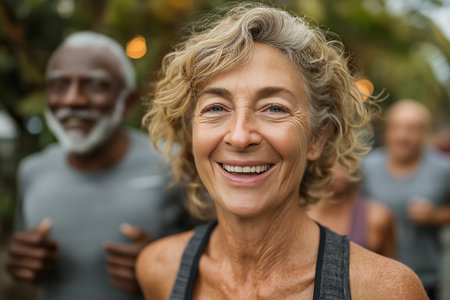 A joyful senior woman smiles brightly during an outdoor fitness activity, surrounded by friends jogging in the background, embodying health, energy, and vitality.の素材