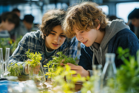Two curious students closely examine plants in a bright science classroom, learning biology through hands-on experiments with greenery and lab glassware.の素材
