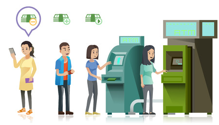 People are lining up to use ATM machine at supermarket. Women does have online financial transactions.のイラスト素材