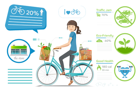 Biking for shopping.Environmental protection.The Reducing traffic jam. Exercises daily routine.Advantages of cycling. Modern lifestyle urban concept.のイラスト素材