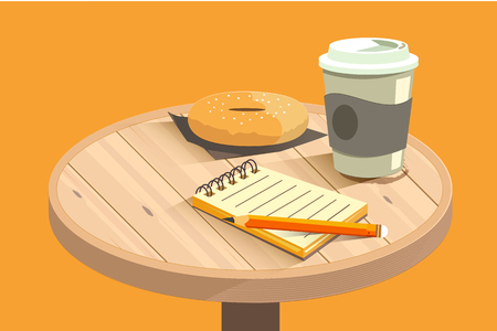 Breakfast is placed on a wooden table with a notebook.のイラスト素材