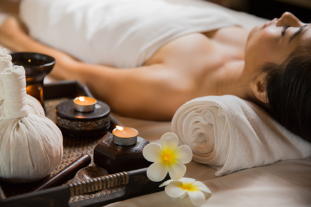 woman having massage and spa salon Beauty treatment concept, She is very happy,top viewの写真素材