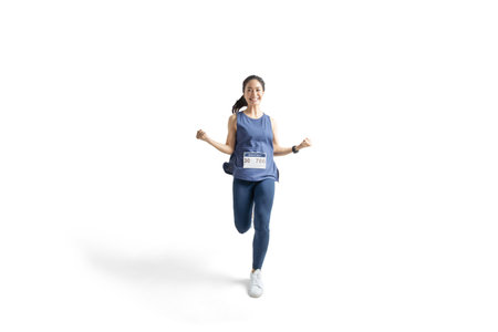 Asian women marathon studio white background. She was pretending to be glad