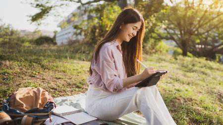 Asian female students studying online She is sitting outdoorsの写真素材