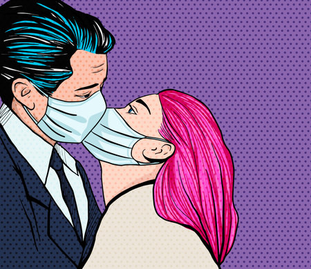 Kissing couple with mask in pop art styleのイラスト素材