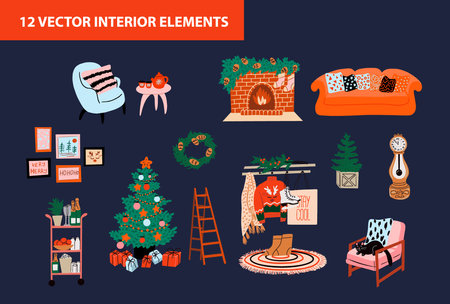Set of christmas interior design elements. Scandinavian interior with December home decorations. Christmas decorated living room with fireplace, christmas tree, gifts, etcのイラスト素材