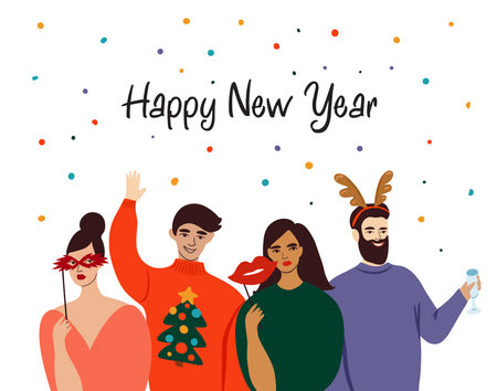 Christmas and Happy New Year illustration with people in carnival costumes. Trendy retro style. Vector design template.のイラスト素材
