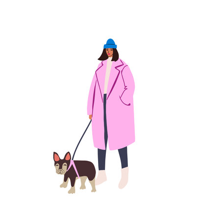 Woman walking with dog. Leisure time spending with pet concept. Cartoon colorful vector illustration, modern flat style, isolated on whiteのイラスト素材