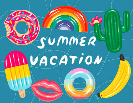 Swimming pool with colorful floats, top illustration. Children's inflatable toys ice cream, cactus, bitten donut, ring, banana, rainbow. Summer funny background.のイラスト素材