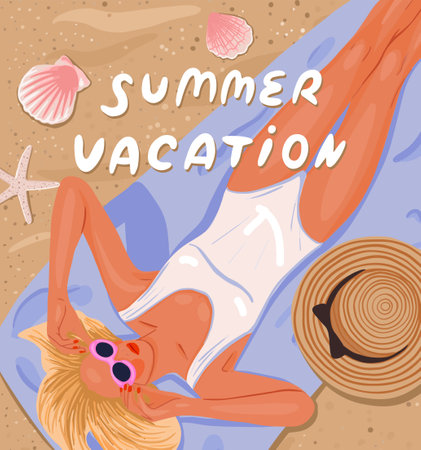 Vacation. Travel. Beautiful young woman is resting on the beach. View from above Summer vacation fashion concept. Party invitation. Vector flat illustration.のイラスト素材