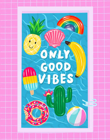 Swimming pool with inflatable colored toys. Pool party summer invitation poster concept with retro style vector illustration and creative typography. Vector illustrationのイラスト素材