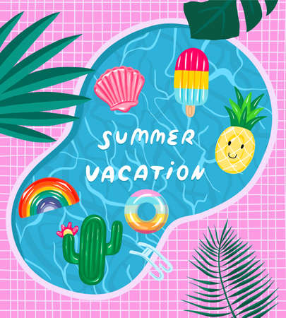 Swimming pool with inflatable colored toys. Pool party summer invitation poster concept with retro style vector illustration and creative typography. Vector illustrationのイラスト素材