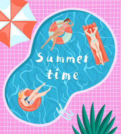 Girls swim, relax, have fun in the pool. Invitation card summer pool party concept. Summertime vector illustration. Flat design.のイラスト素材
