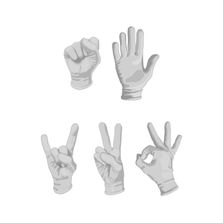 Set of different gloves. isolated on white background. The hand show Okay, peace.のイラスト素材